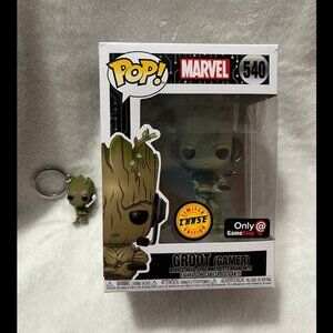 Funko Pop! Marvel Gamer Groot and Miles Morales with matching keychains LOT.